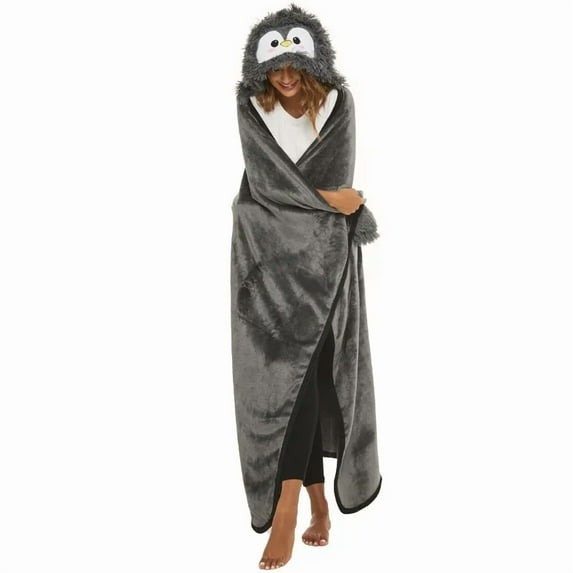Wearable Hooded Adults Cape Blankets Animal Sloth Penguin Yak Panda Cartoon Embroidered Double-sided Flannel Blanket Textile (C)