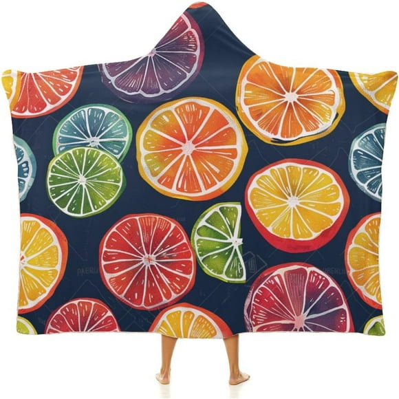 Wearable Hooded Blanket Cape Oranges, Lemons, Limes Slice Fleece Hooded Robe Cloak Throw Quilt Poncho Microfiber Sherpa Plush Warm Wrap Yummy Lemons Hooded Blankets for Adult and Kids for Couch Travel