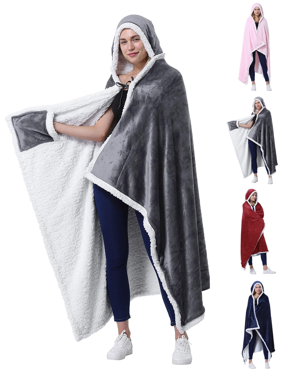 Wearable Hooded Blanket, Warm Cozy Soft Poncho Blanket Wrap, Fleece Cuddle Throw Cape with Hand