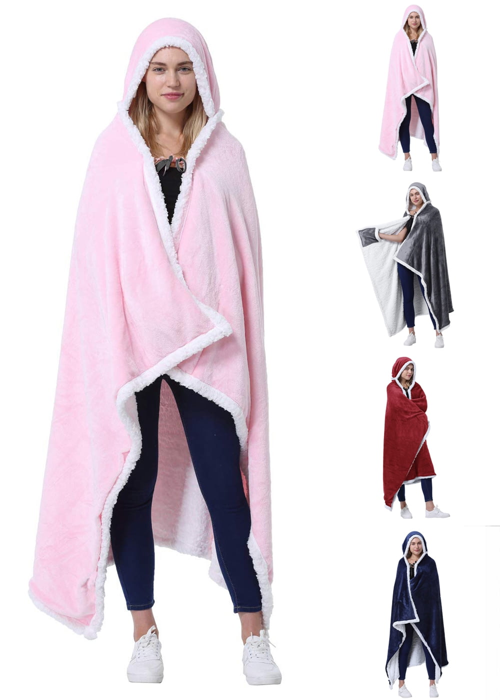 Wearable Hooded Blanket, Warm Cozy Soft Poncho Blanket Wrap, Fleece Cuddle Throw Cape with Hand