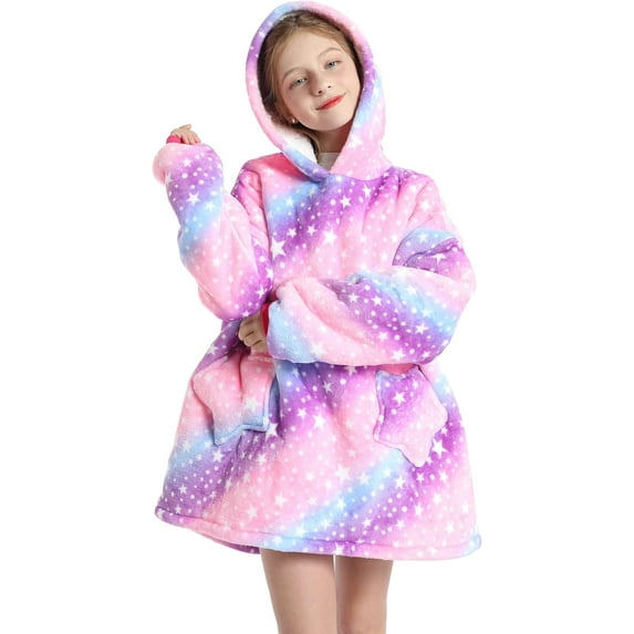 Wearable Hoodie Blanket for Kids Boys Girls Oversized Sherpa Blanket Sweatshirt with Hood Pocket