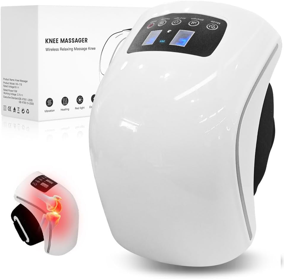 Wearable Knee Wrap with Controllable Heat, Vibration, and Dual-Wavelength LEDs, Cordless Rechargeable Device with Adjustable Straps for Home Use