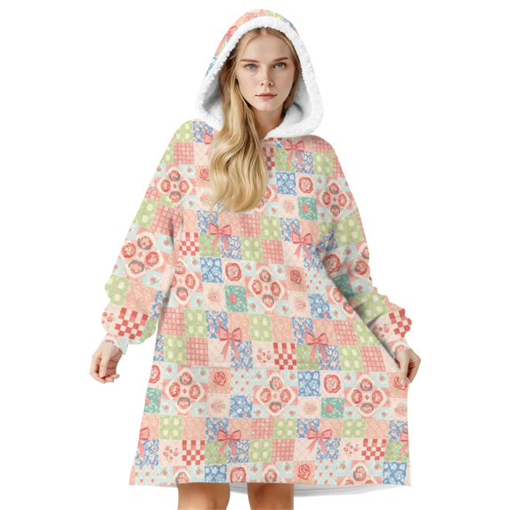 Wearable Lamb Fleece Blanket Hoodie,Pioneer Flower Floral Print Pattern Oversized Sherpa Blanket Hoodie with Super Pockets,Super Warm Fuzzy Pullover for Women & Men