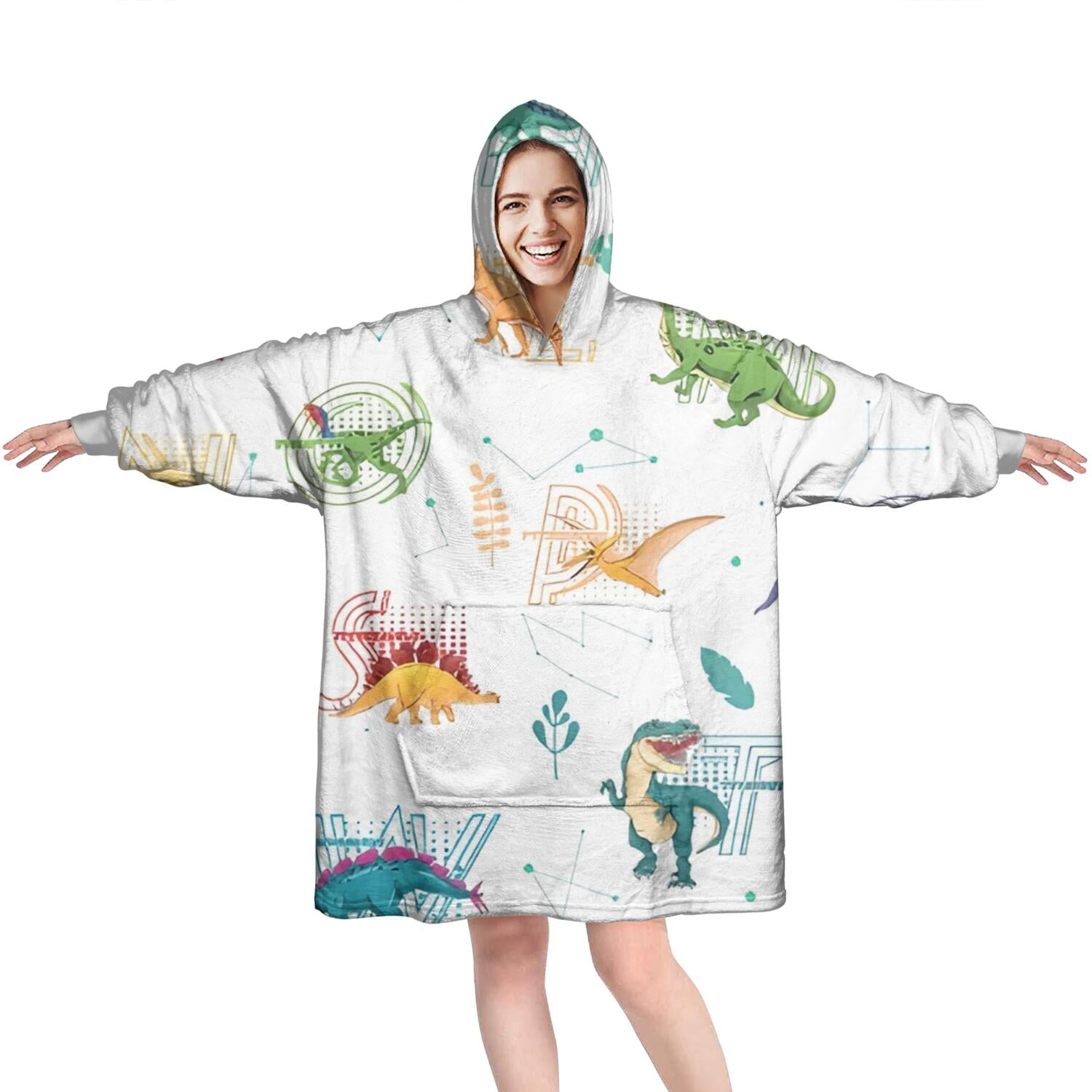 Wearable Oversized Blanket,Alphabet Dinosaur Names Chart Pattern Wearable Blanket Hoodie for Adults,Cozy Hooded Blankets with Super Pockets,Super Warm Fuzzy Pullover for Women & Men