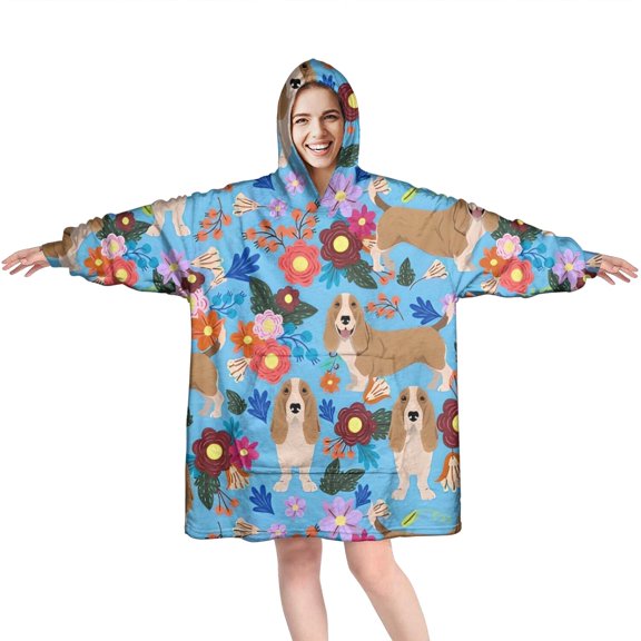 Wearable Oversized Blanket,Basset Hound Dog and Flower Wearable Blanket Hoodie for Adults,Cozy Hooded Blankets with Super Pockets,Super Warm Fuzzy Pullover for Women & Men
