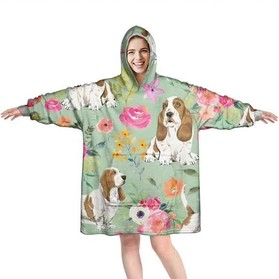 Wearable Oversized Blanket,Basset Hound and Pioneer Flower Wearable Blanket Hoodie for Adults,Cozy Hooded Blankets with Super Pockets,Super Warm Fuzzy Pullover for Women & Men