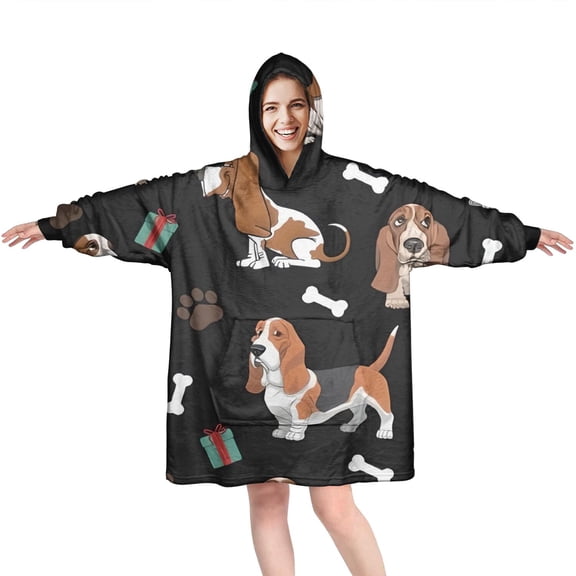 Wearable Oversized Blanket,Basset Hounds with Bones and Presents Wearable Blanket Hoodie for Adults,Cozy Hooded Blankets with Super Pockets,Super Warm Fuzzy Pullover for Women & Men