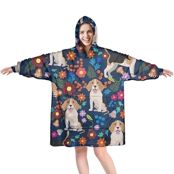 Wearable Oversized Blanket,Beagle Dog Dog and Pioneer Flower Wearable Blanket Hoodie for Adults,Cozy Hooded Blankets with Super Pockets,Super Warm Fuzzy Pullover for Women & Men