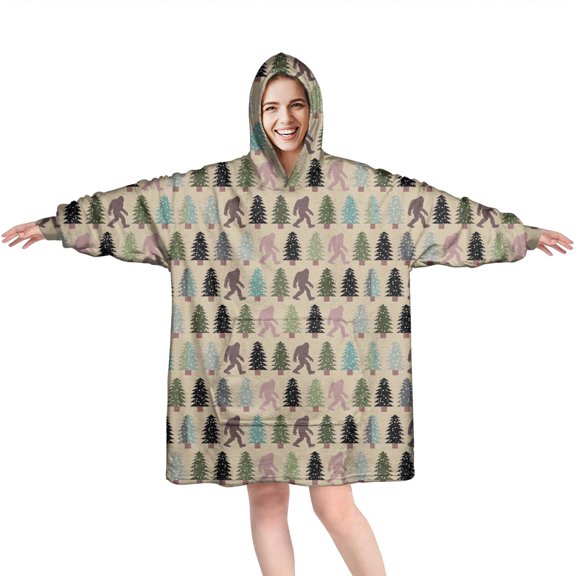 Wearable Oversized Blanket,Beige Bigfoot and Pine Tree Pattern Wearable Blanket Hoodie for Adults,Cozy Hooded Blankets with Super Pockets,Super Warm Fuzzy Pullover for Women & Men