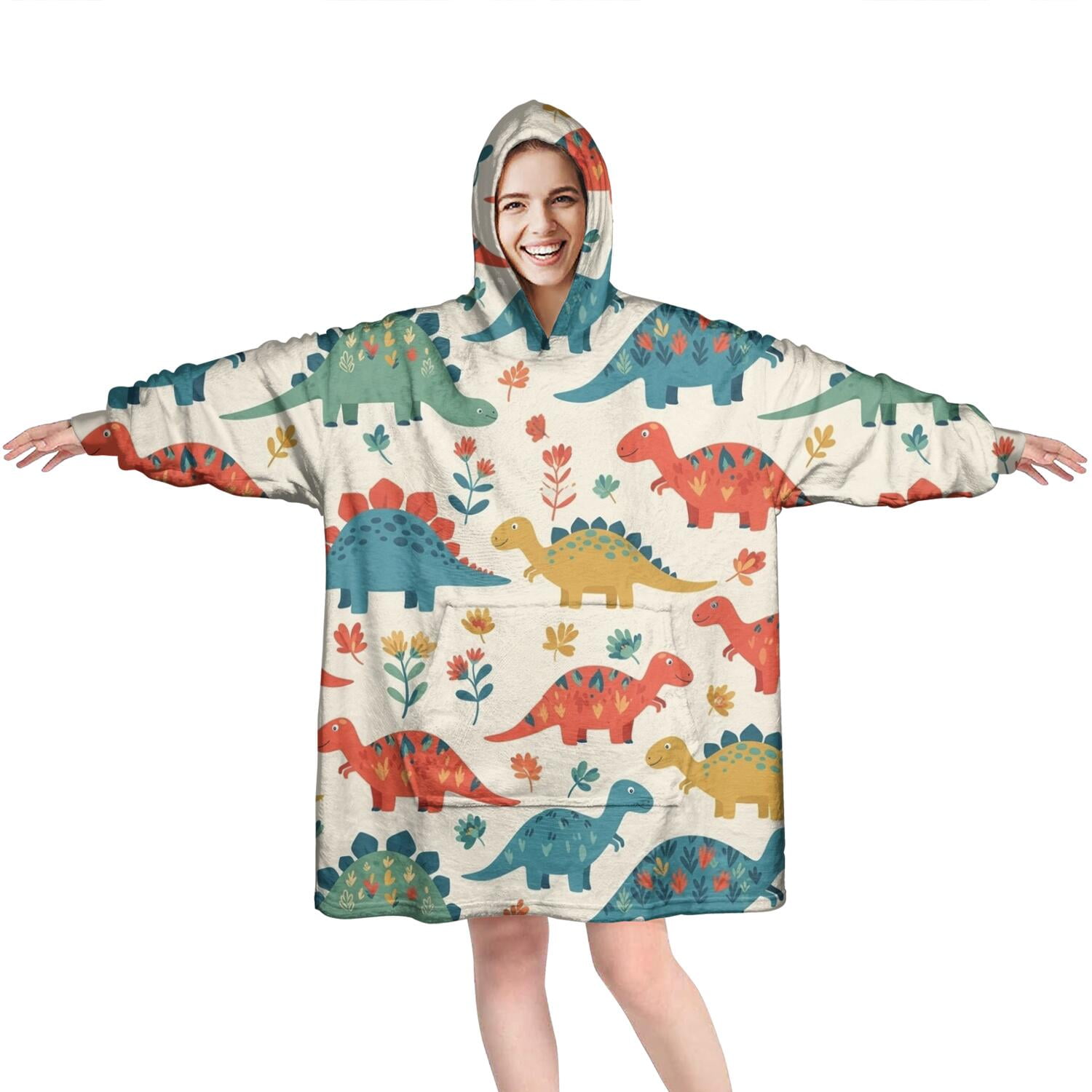 Wearable Oversized Blanket,Beige Cartoon Dinosaurs Flowers Pattern Wearable Blanket Hoodie for Adults,Cozy Hooded Blankets with Super Pockets,Super Warm Fuzzy Pullover for Women & Men