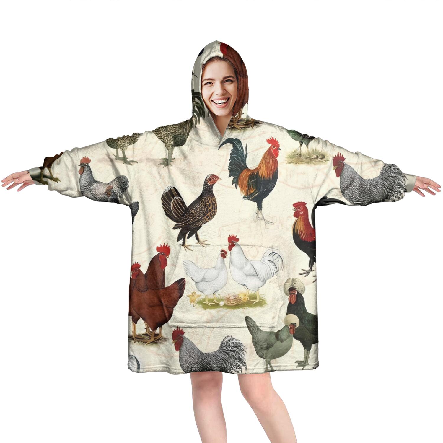 Wearable Oversized Blanket,Beige Chicken Breed Pattern Wearable Blanket Hoodie for Adults,Cozy Hooded Blankets with Super Pockets,Super Warm Fuzzy Pullover for Women & Men