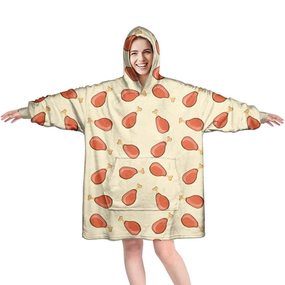 Wearable Oversized Blanket,Beige Chicken Drumstick Pattern Wearable Blanket Hoodie for Adults,Cozy Hooded Blankets with Super Pockets,Super Warm Fuzzy Pullover for Women & Men