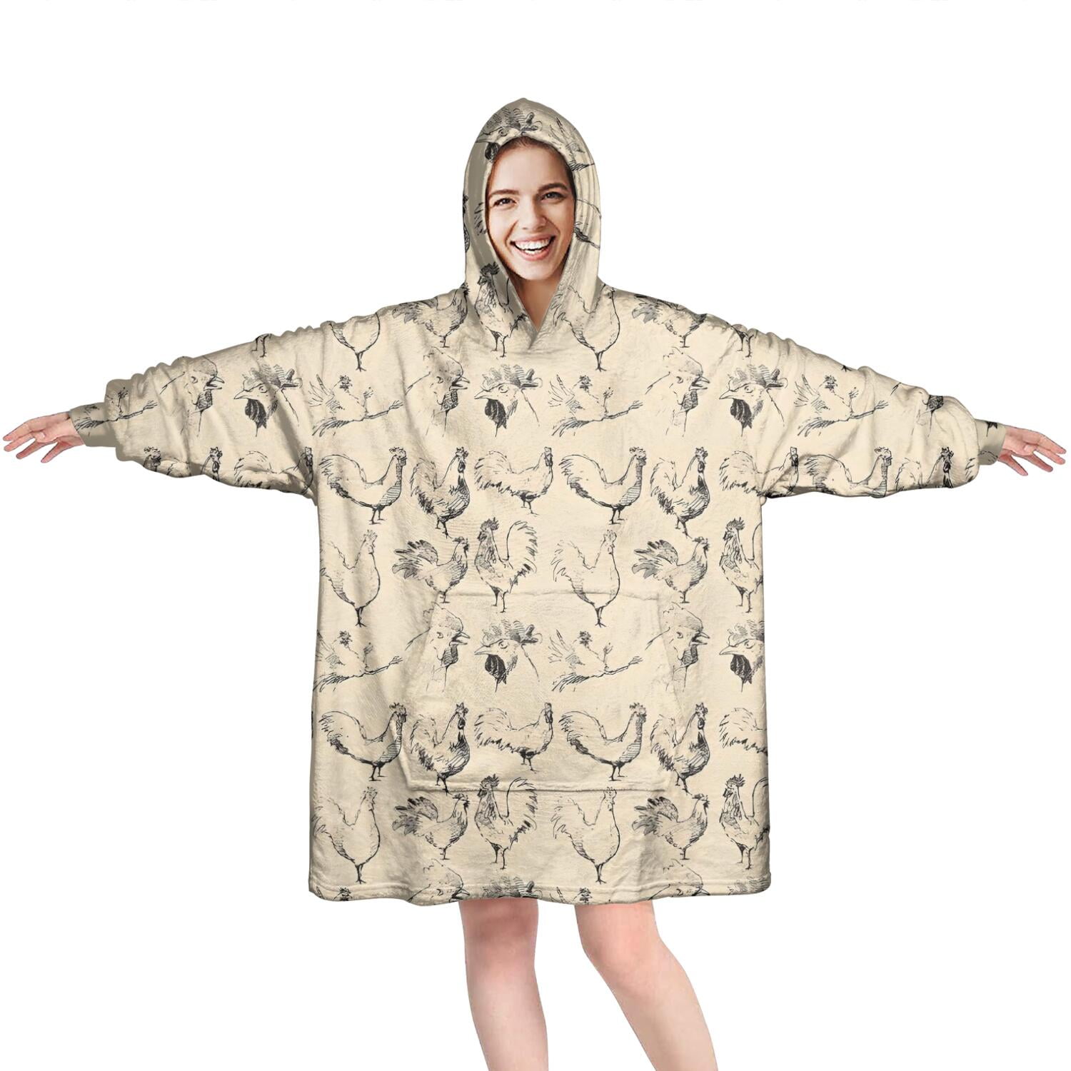 Wearable Oversized Blanket,Beige Chicken Sketch Pattern Wearable Blanket Hoodie for Adults,Cozy Hooded Blankets with Super Pockets,Super Warm Fuzzy Pullover for Women & Men