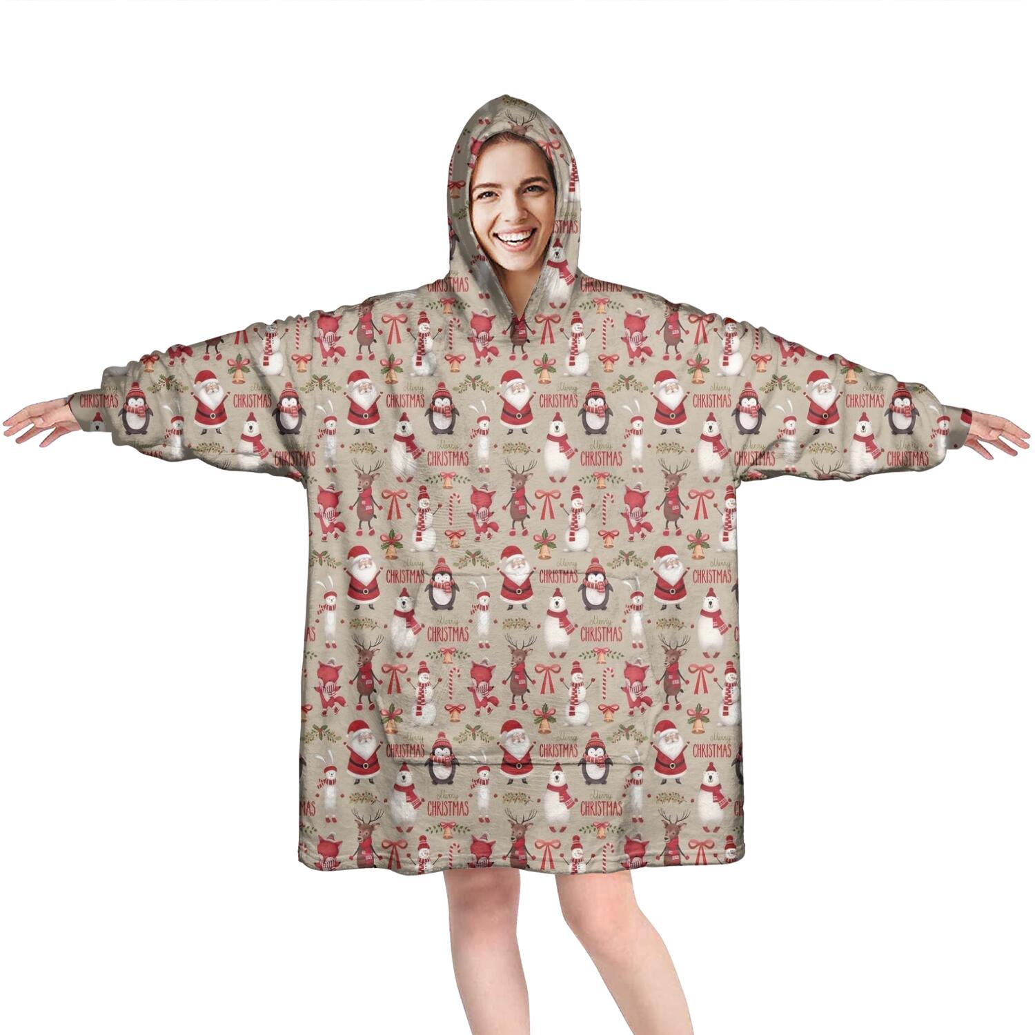 Wearable Oversized Blanket,Beige Christmas Character Pattern Wearable Blanket Hoodie for Adults,Cozy Hooded Blankets with Super Pockets,Super Warm Fuzzy Pullover for Women & Men