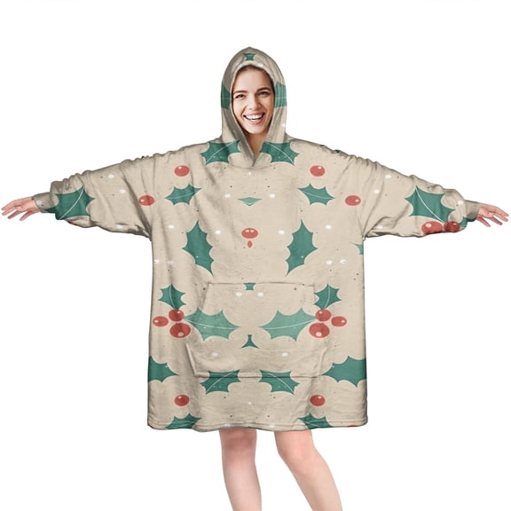 Wearable Oversized Blanket,Beige Christmas Holly Pattern Wearable Blanket Hoodie for Adults,Cozy Hooded Blankets with Super Pockets,Super Warm Fuzzy Pullover for Women & Men