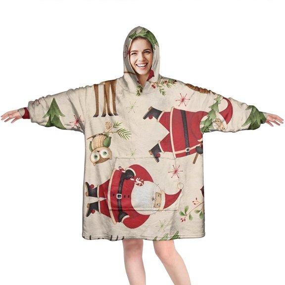 Wearable Oversized Blanket,Beige Christmas Santa and Animal Pattern Wearable Blanket Hoodie for Adults,Cozy Hooded Blankets with Super Pockets,Super Warm Fuzzy Pullover for Women & Men