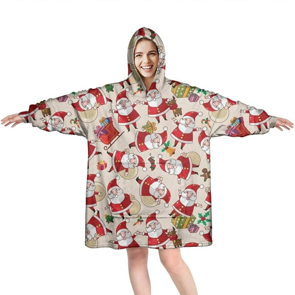 Wearable Oversized Blanket,Beige Christmas Santa and Gift Pattern Wearable Blanket Hoodie for Adults,Cozy Hooded Blankets with Super Pockets,Super Warm Fuzzy Pullover for Women & Men