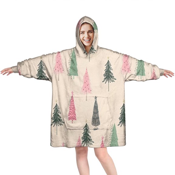 Wearable Oversized Blanket,Beige Christmas Tree Pattern Wearable Blanket Hoodie for Adults,Cozy Hooded Blankets with Super Pockets,Super Warm Fuzzy Pullover for Women & Men