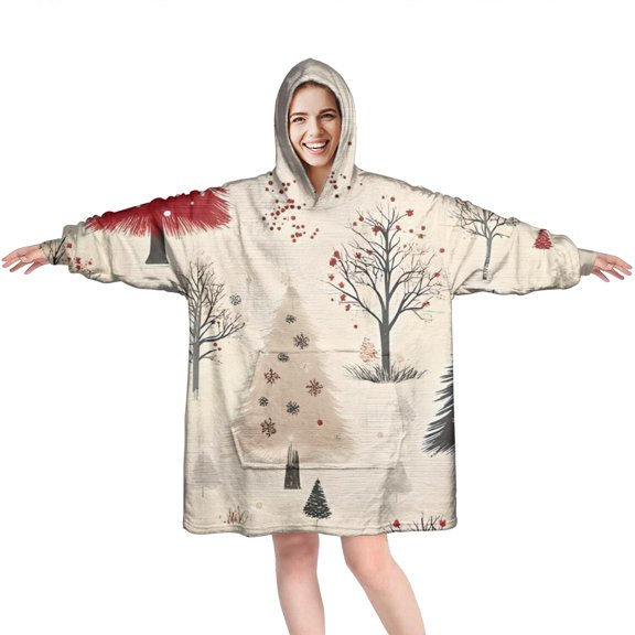 Wearable Oversized Blanket,Beige Christmas Tree Pattern Wearable Blanket Hoodie for Adults,Cozy Hooded Blankets with Super Pockets,Super Warm Fuzzy Pullover for Women & Men