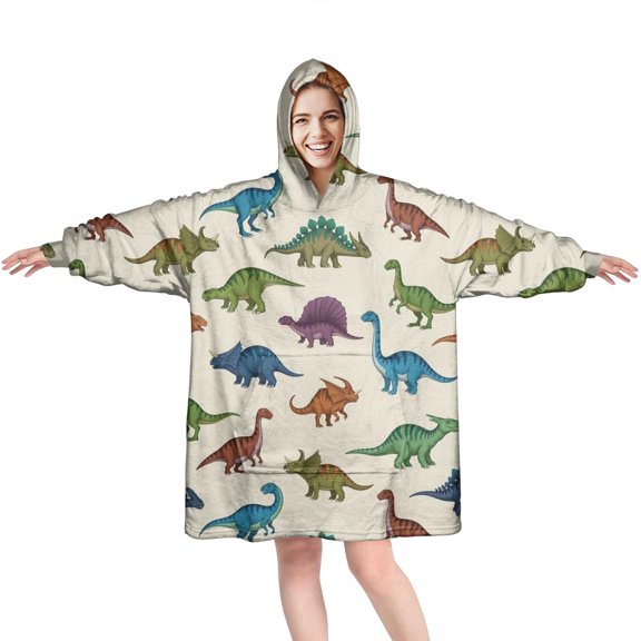 Wearable Oversized Blanket,Beige Colorful Dinosaurs Pattern Wearable Blanket Hoodie for Adults,Cozy Hooded Blankets with Super Pockets,Super Warm Fuzzy Pullover for Women & Men