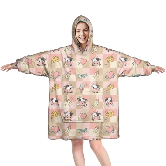 Wearable Oversized Blanket,Beige Cow Checker Pattern Wearable Blanket Hoodie for Adults,Cozy Hooded Blankets with Super Pockets,Super Warm Fuzzy Pullover for Women & Men