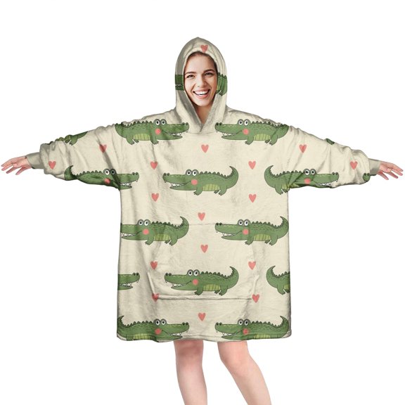 Wearable Oversized Blanket,Beige Crocodiles Hearts Pattern Wearable Blanket Hoodie for Adults,Cozy Hooded Blankets with Super Pockets,Super Warm Fuzzy Pullover for Women & Men