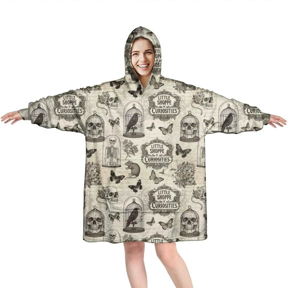 Wearable Oversized Blanket,Beige Curiosity Shoppe Pattern Wearable Blanket Hoodie for Adults,Cozy Hooded Blankets with Super Pockets,Super Warm Fuzzy Pullover for Women & Men