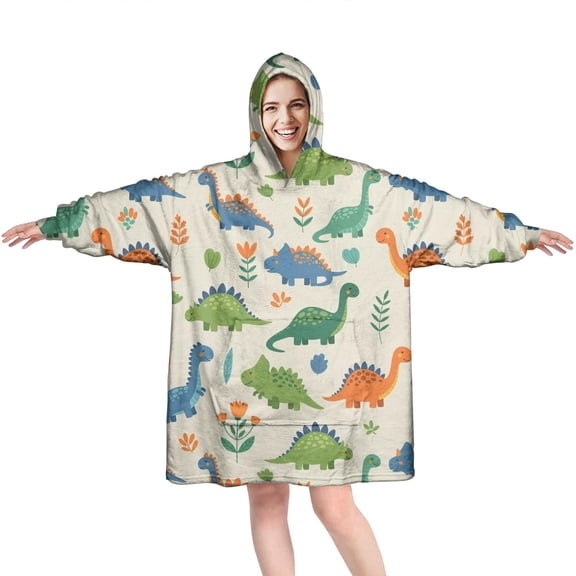 Wearable Oversized Blanket,Beige Dinosaur Pattern Wearable Blanket Hoodie for Adults,Cozy Hooded Blankets with Super Pockets,Super Warm Fuzzy Pullover for Women & Men