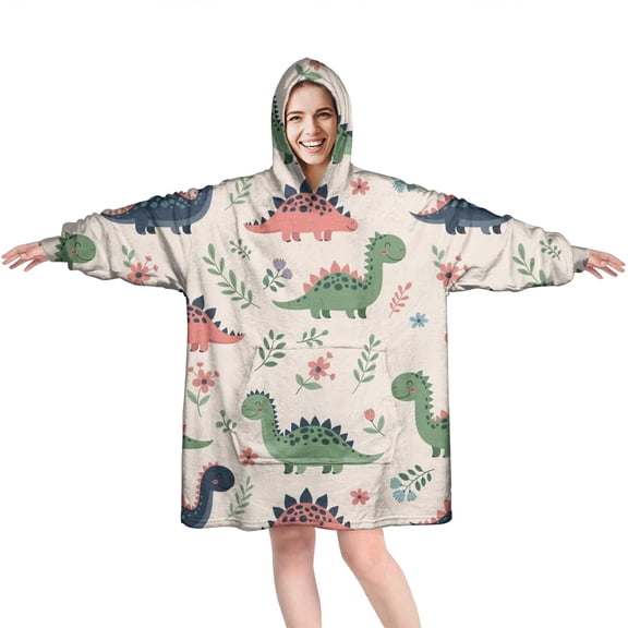 Wearable Oversized Blanket,Beige Dinosaurs Flowers Leaves Wearable Blanket Hoodie for Adults,Cozy Hooded Blankets with Super Pockets,Super Warm Fuzzy Pullover for Women & Men