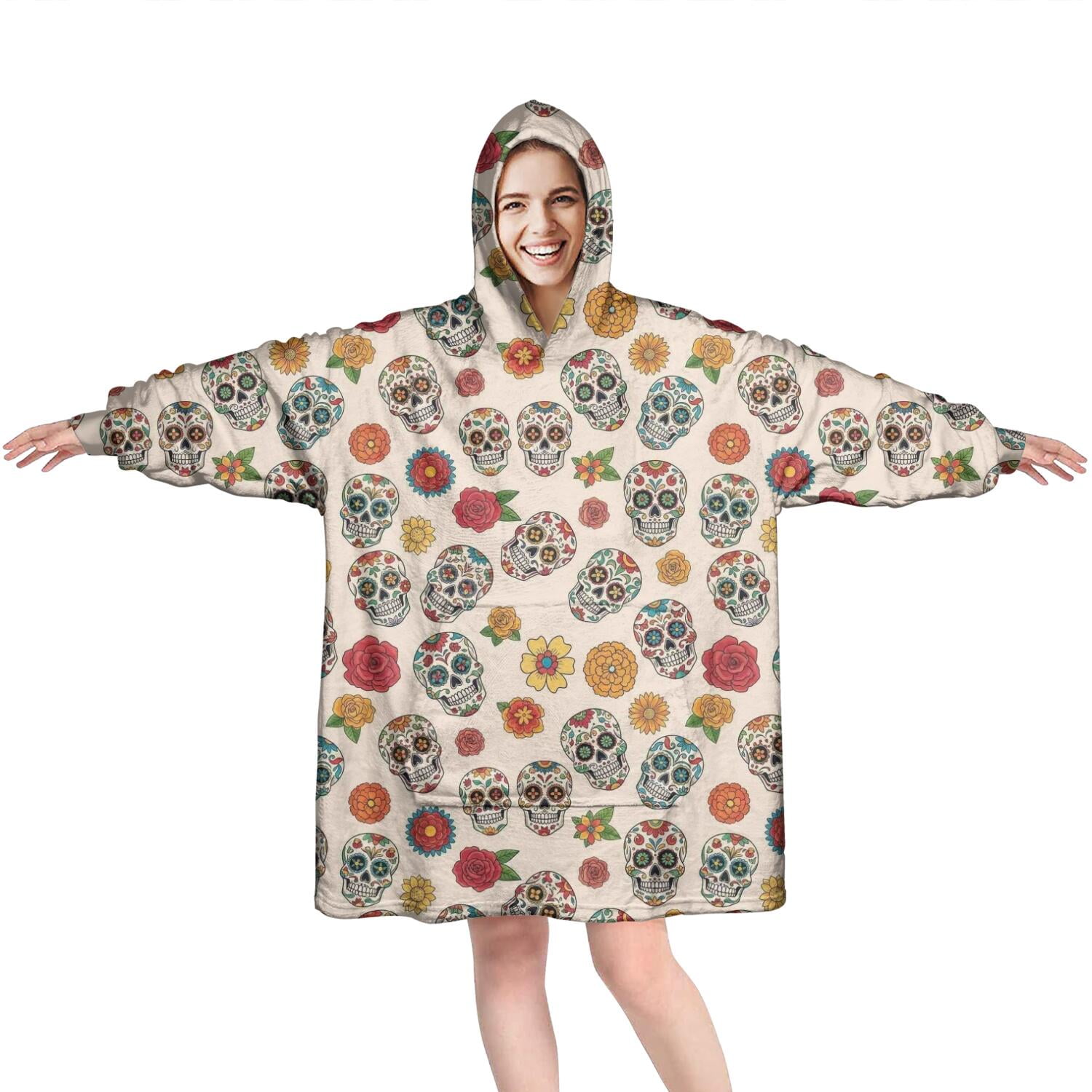 Wearable Oversized Blanket,Beige Floral Skull Pattern Wearable Blanket Hoodie for Adults,Cozy Hooded Blankets with Super Pockets,Super Warm Fuzzy Pullover for Women & Men