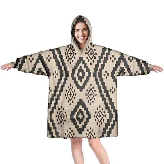Wearable Oversized Blanket,Beige Geometric Diamond Dot Pattern Wearable Blanket Hoodie for Adults,Cozy Hooded Blankets with Super Pockets,Super Warm Fuzzy Pullover for Women & Men