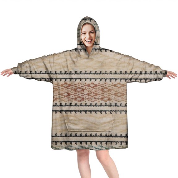 Wearable Oversized Blanket,Beige Geometric Diamond Wave Pattern Wearable Blanket Hoodie for Adults,Cozy Hooded Blankets with Super Pockets,Super Warm Fuzzy Pullover for Women & Men