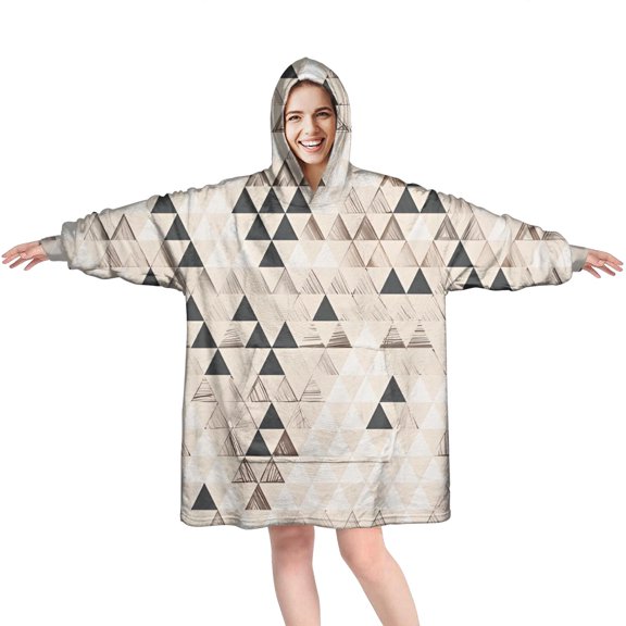 Wearable Oversized Blanket,Beige Geometric Triangle Pattern Wearable Blanket Hoodie for Adults,Cozy Hooded Blankets with Super Pockets,Super Warm Fuzzy Pullover for Women & Men
