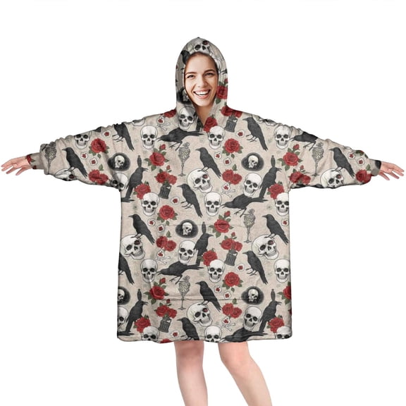 Wearable Oversized Blanket,Beige Gothic Skull Rose Crow Pattern Wearable Blanket Hoodie for Adults,Cozy Hooded Blankets with Super Pockets,Super Warm Fuzzy Pullover for Women & Men