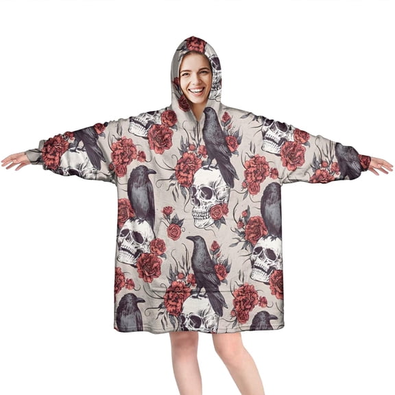 Wearable Oversized Blanket,Beige Skull Crow Flower Pattern Wearable Blanket Hoodie for Adults,Cozy Hooded Blankets with Super Pockets,Super Warm Fuzzy Pullover for Women & Men
