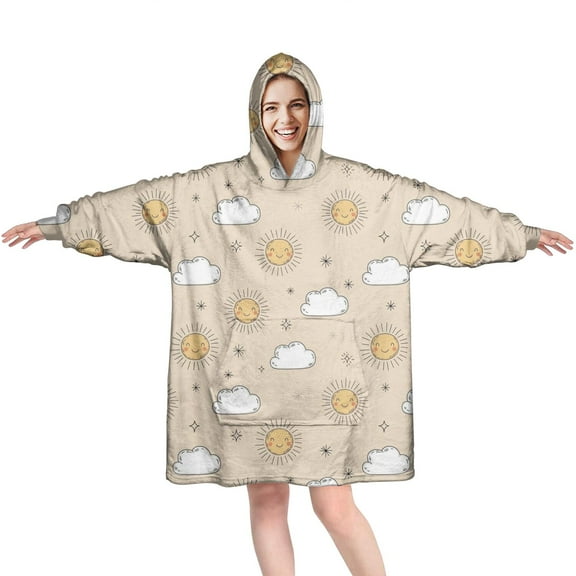 Wearable Oversized Blanket,Beige Sun Cloud Star Pattern Wearable Blanket Hoodie for Adults,Cozy Hooded Blankets with Super Pockets,Super Warm Fuzzy Pullover for Women & Men