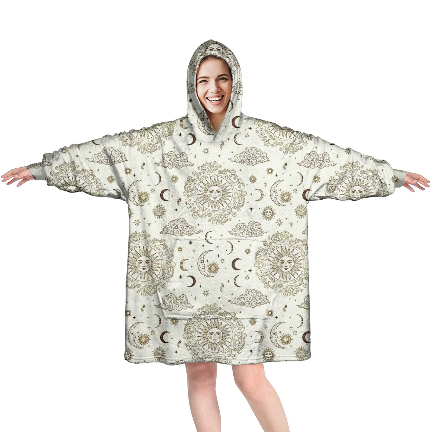 Wearable Oversized Blanket,Beige Sun Moon Cloud Star Pattern Wearable Blanket Hoodie for Adults,Cozy Hooded Blankets with Super Pockets,Super Warm Fuzzy Pullover for Women & Men