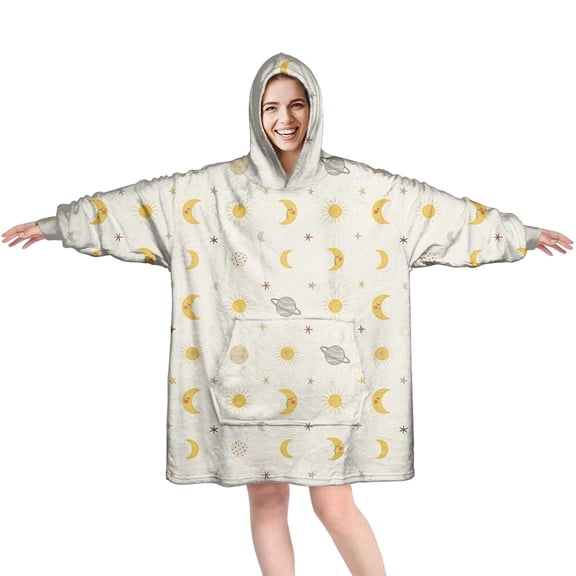 Wearable Oversized Blanket,Beige Sun Moon Planet Star Pattern Wearable Blanket Hoodie for Adults,Cozy Hooded Blankets with Super Pockets,Super Warm Fuzzy Pullover for Women & Men