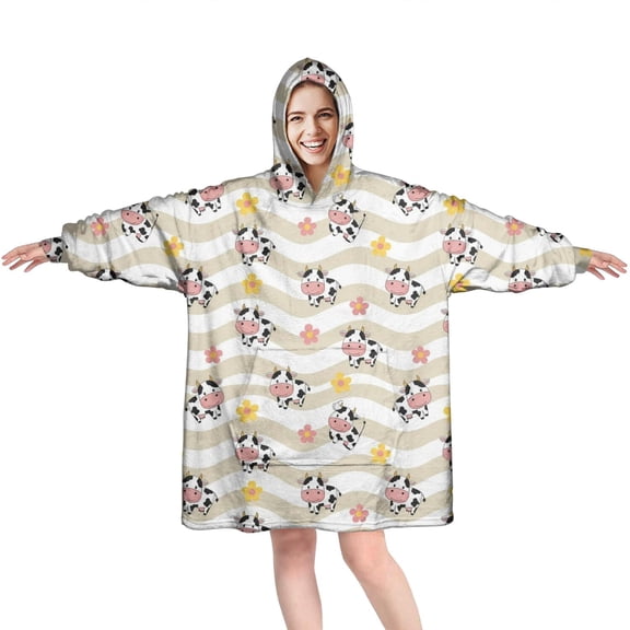 Wearable Oversized Blanket,Beige Wave Cow Flower Pattern Wearable Blanket Hoodie for Adults,Cozy Hooded Blankets with Super Pockets,Super Warm Fuzzy Pullover for Women & Men