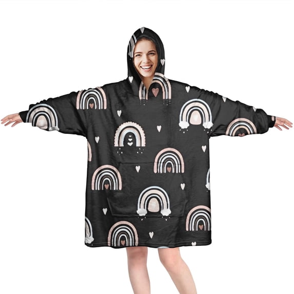 Wearable Oversized Blanket,Black Boho Bohemia Rainbow Hearts Pattern Wearable Blanket Hoodie for Adults,Cozy Hooded Blankets with Super Pockets,Super Warm Fuzzy Pullover for Women & Men