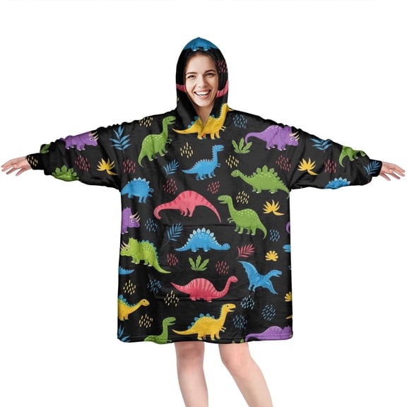 Wearable Oversized Blanket,Black Cartoon Colorful Dinosaurs Plants Pattern Wearable Blanket Hoodie for Adults,Cozy Hooded Blankets with Super Pockets,Super Warm Fuzzy Pullover for Women & Men