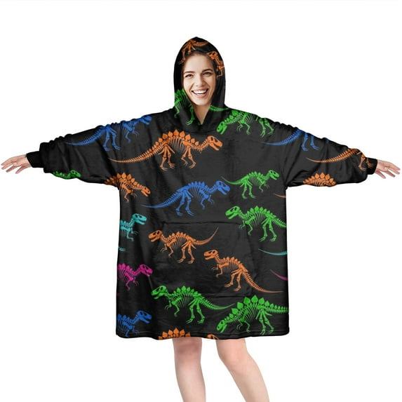 Wearable Oversized Blanket,Black Cartoon Colorful Dinosaurs Skeletons Pattern Wearable Blanket Hoodie for Adults,Cozy Hooded Blankets with Super Pockets,Super Warm Fuzzy Pullover for Women & Men