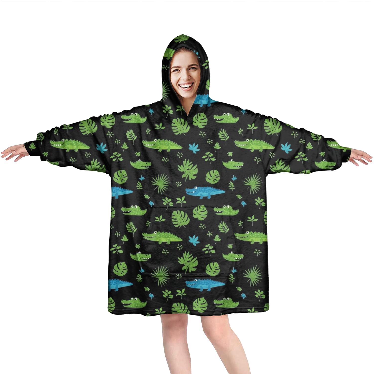 Wearable Oversized Blanket,Black Cartoon Crocodiles Leaves Pattern Wearable Blanket Hoodie for Adults,Cozy Hooded Blankets with Super Pockets,Super Warm Fuzzy Pullover for Women & Men