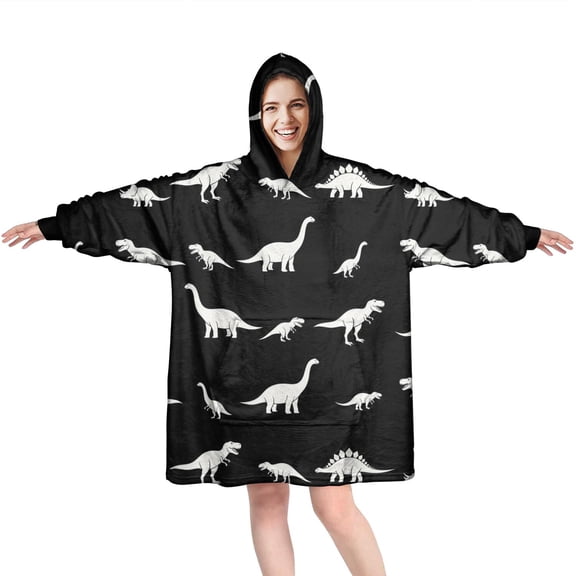 Wearable Oversized Blanket,Black Cartoon Dinosaurs Silhouette Pattern Wearable Blanket Hoodie for Adults,Cozy Hooded Blankets with Super Pockets,Super Warm Fuzzy Pullover for Women & Men