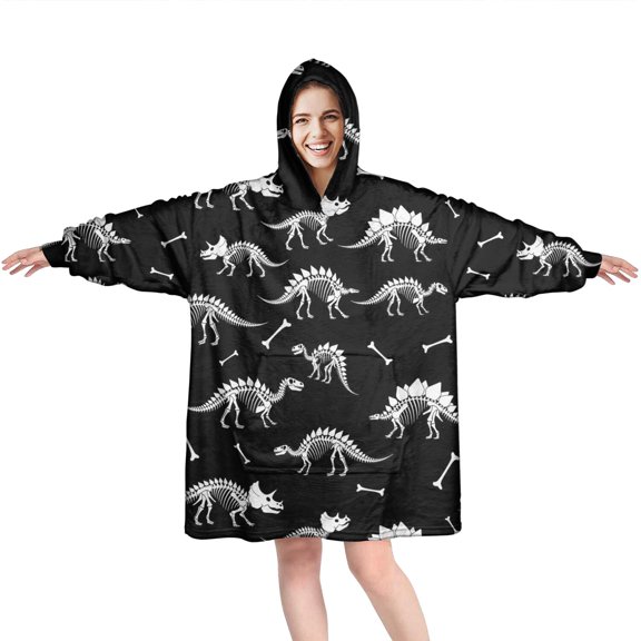 Wearable Oversized Blanket,Black Cartoon Dinosaurs Skeletons Bones Pattern Wearable Blanket Hoodie for Adults,Cozy Hooded Blankets with Super Pockets,Super Warm Fuzzy Pullover for Women & Men