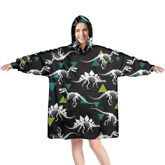 Wearable Oversized Blanket,Black Cartoon Dinosaurs Skeletons Triangles Pattern Wearable Blanket Hoodie for Adults,Cozy Hooded Blankets with Super Pockets,Super Warm Fuzzy Pullover for Women & Men