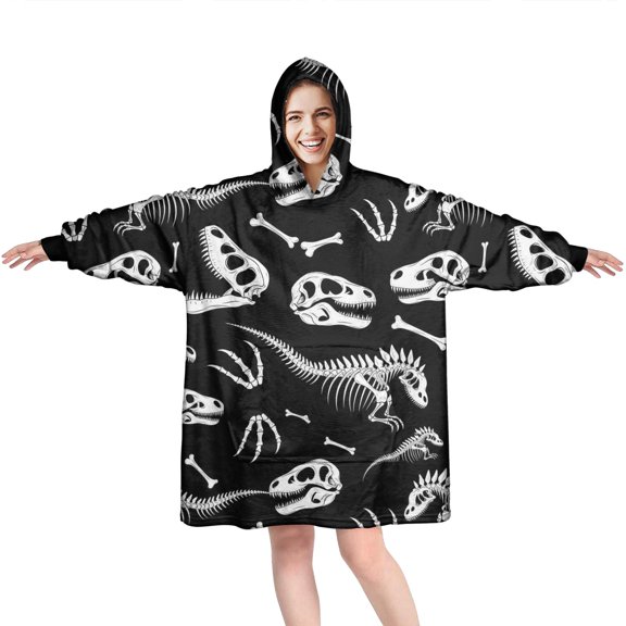 Wearable Oversized Blanket,Black Cartoon Dinosaurs Skulls Skeletons Pattern Wearable Blanket Hoodie for Adults,Cozy Hooded Blankets with Super Pockets,Super Warm Fuzzy Pullover for Women & Men