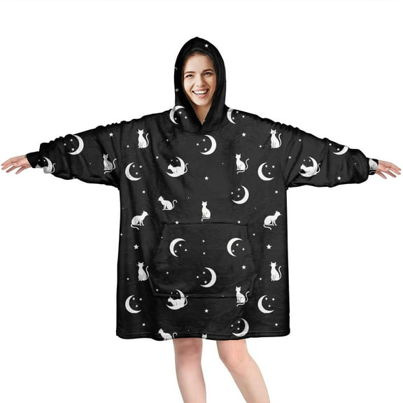 Wearable Oversized Blanket,Black Cat Moon Star Pattern Wearable Blanket Hoodie for Adults,Cozy Hooded Blankets with Super Pockets,Super Warm Fuzzy Pullover for Women & Men
