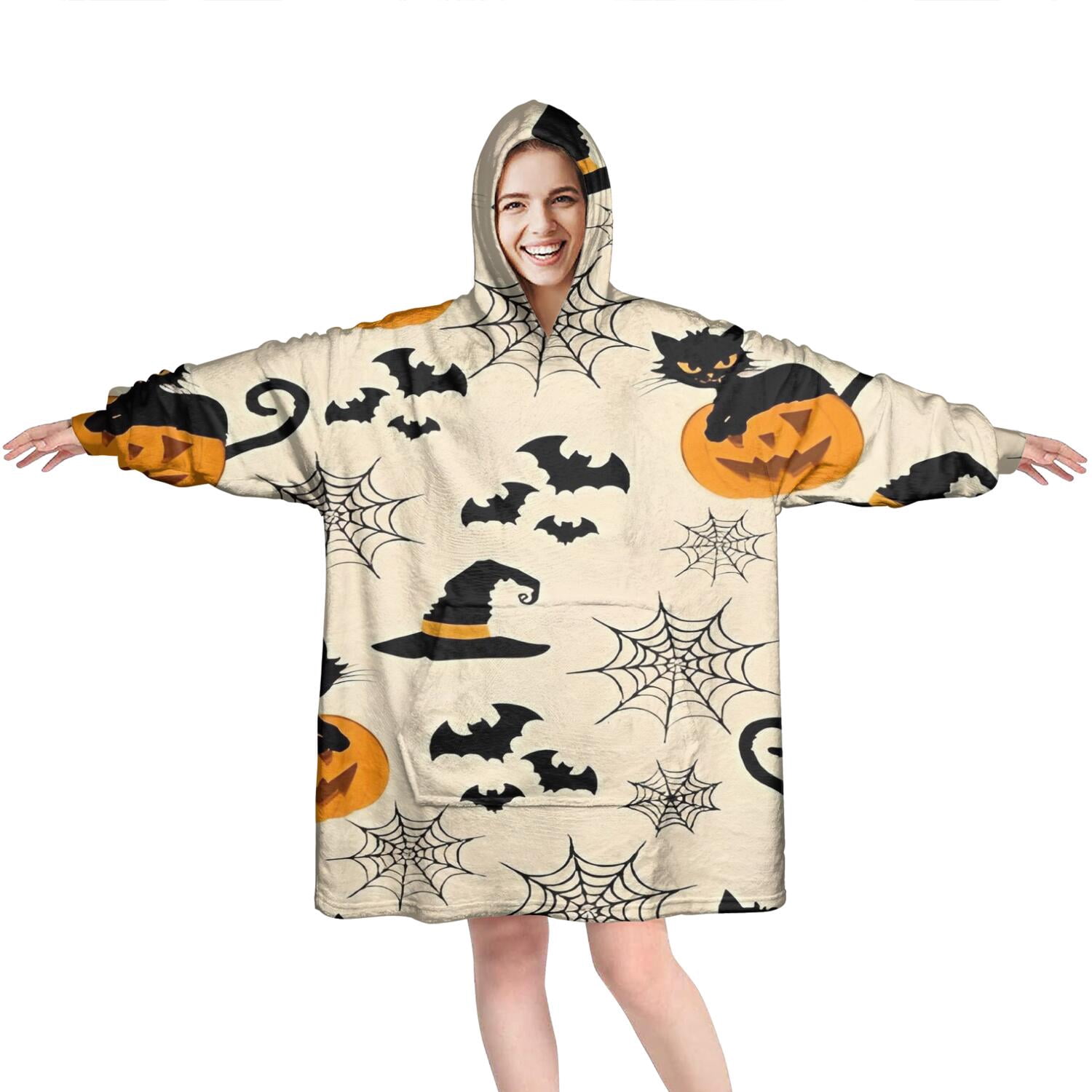 Wearable Oversized Blanket,Black Cat Pumpkin Halloween Pattern Wearable Blanket Hoodie for Adults,Cozy Hooded Blankets with Super Pockets,Super Warm Fuzzy Pullover for Women & Men