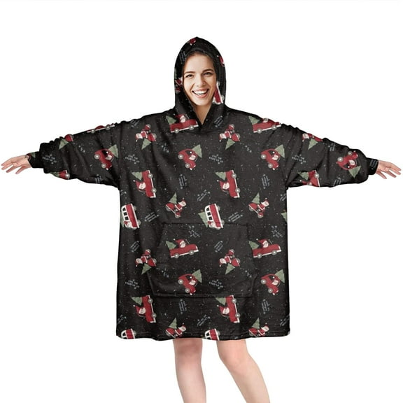 Wearable Oversized Blanket,Black Christmas Car and Santa Pattern Wearable Blanket Hoodie for Adults,Cozy Hooded Blankets with Super Pockets,Super Warm Fuzzy Pullover for Women & Men